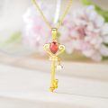 wholesale 925 Sterling Silver Gold-Plated Key Pendant Necklace w/Red CZ & Blue Topaz-0-4