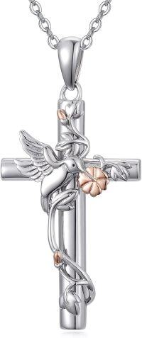 wholesale 925 Sterling Silver Cross with Hummingbird and Rose Gold Accents Pendant Necklace-1-hummingbird