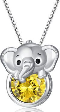 wholesale 925 Sterling Silver Birthstone Elephant Pendant Necklace for Women-November - Citrine