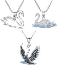 wholesale 925 Sterling Silver Pendant Necklaces - Swans & Foxes (Set Of 3) with Blue Crystals and Black Stones on 18+2 Chains-Swan