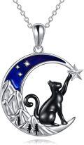 wholesale 925 Sterling Silver Abalone Shell Crescent Moon & Star Pendant with Black Cat on Mountain Scene for Women Girls - Unique Gifts for Cat Lovers and Animal Enthusiasts-0-0