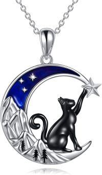 wholesale 925 Sterling Silver Abalone Shell Crescent Moon & Star Pendant with Black Cat on Mountain Scene for Women Girls - Unique Gifts for Cat Lovers and Animal Enthusiasts-Black Cat Mountain Blue Moon