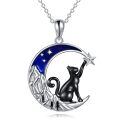 wholesale 925 Silver Black Cat Blue Enamel Crescent Moon Star Pendant Necklace-0-0