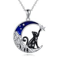 wholesale 925 Sterling Silver Crescent Moon Cat Pendant Necklace Wholesale With Starry Night Design-Black Cat Mountain Blue Moon