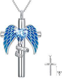 wholesale Sterling Silver Birthstone Angel Wing Cross Rose Heart Cremation Urn Necklace for Women with Funnel Kit ( chars)-Cross Personalized 03-Mar-Aquamarine-Cross Non-personalized 03-Mar-Aquamarine