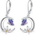 wholesale 925 Sterling Silver Purple Blue Enamel Butterfly & White Daisy Drop Earrings for Women Girls Gift-0-0