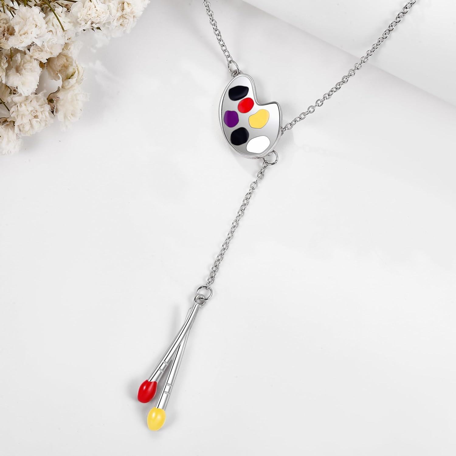 925 Sterling Silver Artist Palette & Paintbrushes Pendant Necklace Gift for Art Enthusiasts-0-4