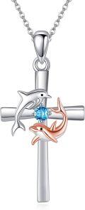 wholesale 925 Sterling Silver Cross with Dolphins and Blue Stone Pendant Necklace-0-0