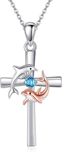 wholesale 925 Sterling Silver Cross with Dolphins and Blue Stone Pendant Necklace-Dolphin
