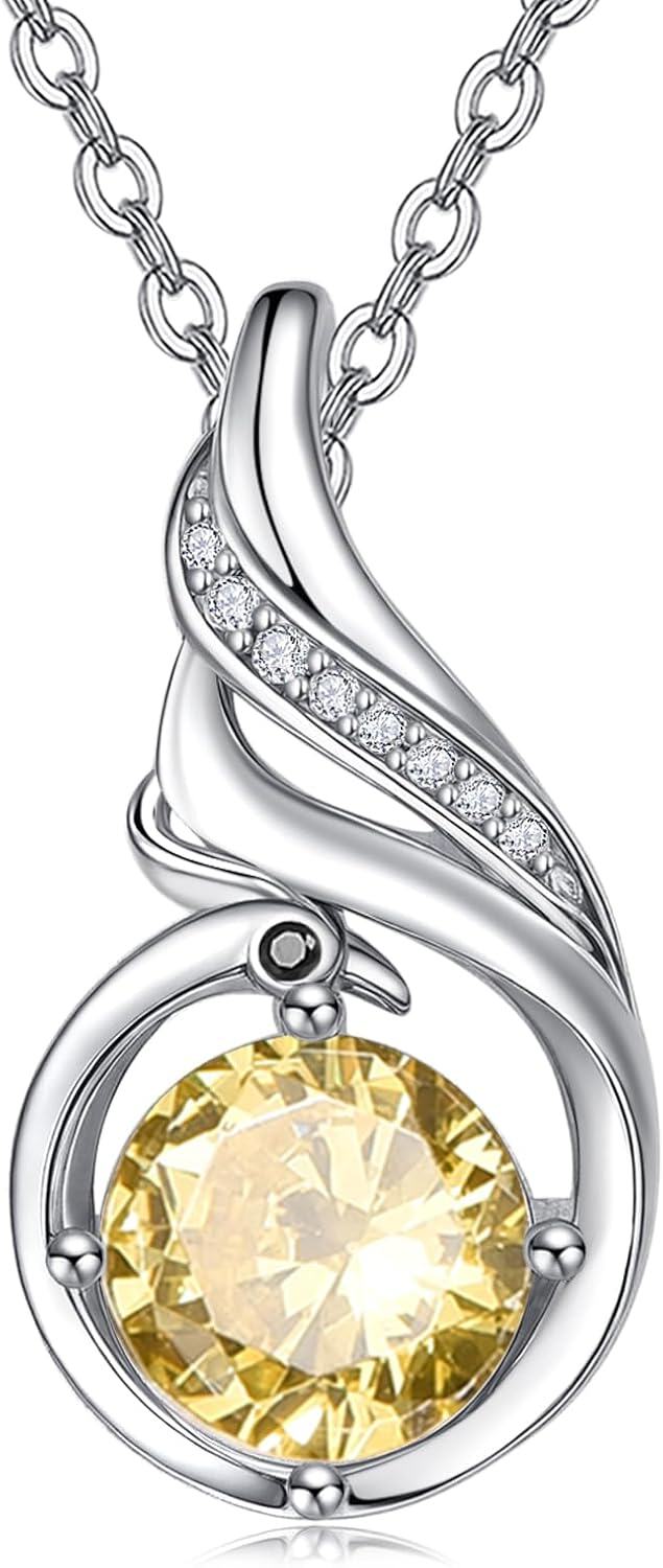 Sterling Silver Phoenix Birthstone Pendant Necklace for Women-11-Citrine