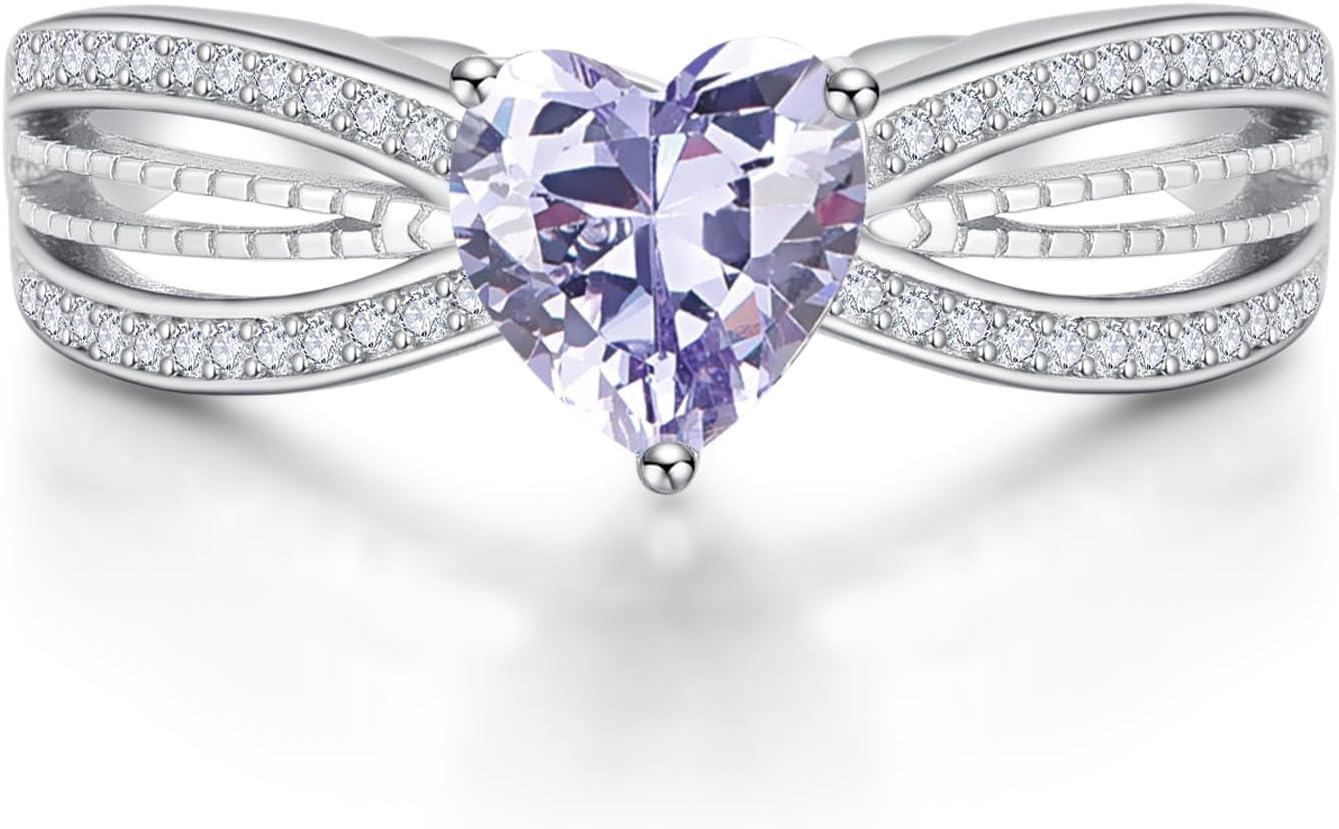 Sterling Silver CZ Heart Rings Adjustable Birthstone Jewelry Gift for Women Mom-June Birthstone