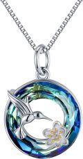wholesale 925 Sterling Silver Blue Crystal Hummingbird Flower Pendant Necklace for Women-0-0