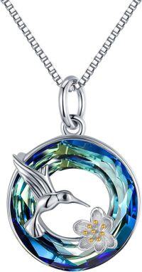 wholesale 925 Sterling Silver Blue Crystal Hummingbird Flower Pendant Necklace for Women-C-0.55\" Blue Crystal