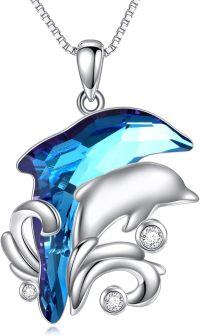 wholesale 925 Sterling Silver Blue Crystal Dolphins Pendant Necklace with Chain 45cm-Two Dolphin Necklace