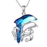 wholesale 925 Sterling Silver Blue Dolphin Pendant With Cz Accents-Two Dolphin Necklace