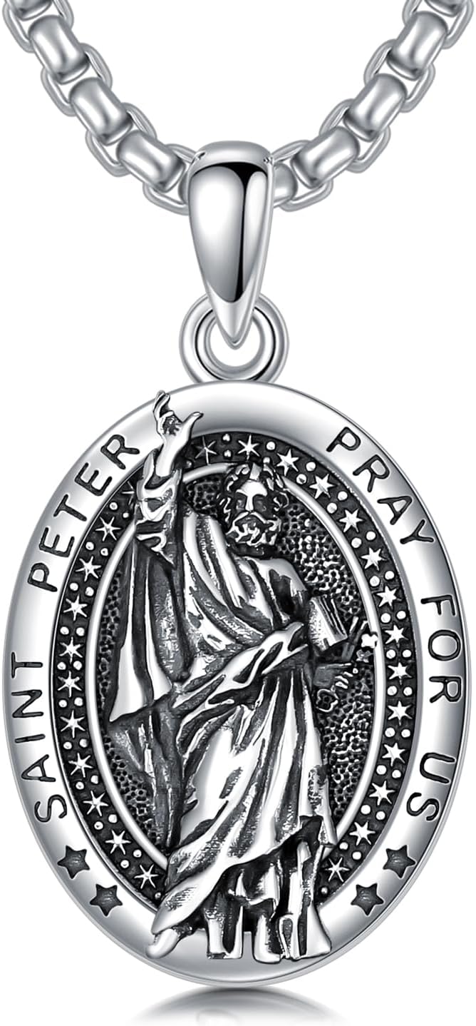 wholesale 925 Sterling Silver Saint Peter Pendant Prayer for Us Charm Chain Necklace  45cm Length with Stainless Steel Chain-0-0