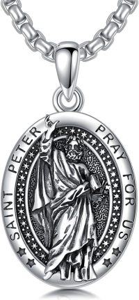 wholesale 925 Sterling Silver Saint Peter Pendant Prayer for Us Charm Chain Necklace  45cm Length -Saint Peter