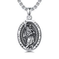 wholesale 925 Sterling Silver Saint Peter Pray For Us Oval Pendant Necklace Oxidized Finish-Saint Peter