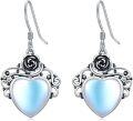 wholesale 925 Sterling Silver with Moonstone Vintage Rose Flower Heart Dangle Drop Earrings-0-0