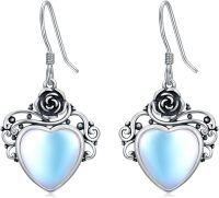 wholesale 925 Sterling Silver with Moonstone Vintage Rose Flower Heart Dangle Drop Earrings-Rose Flower