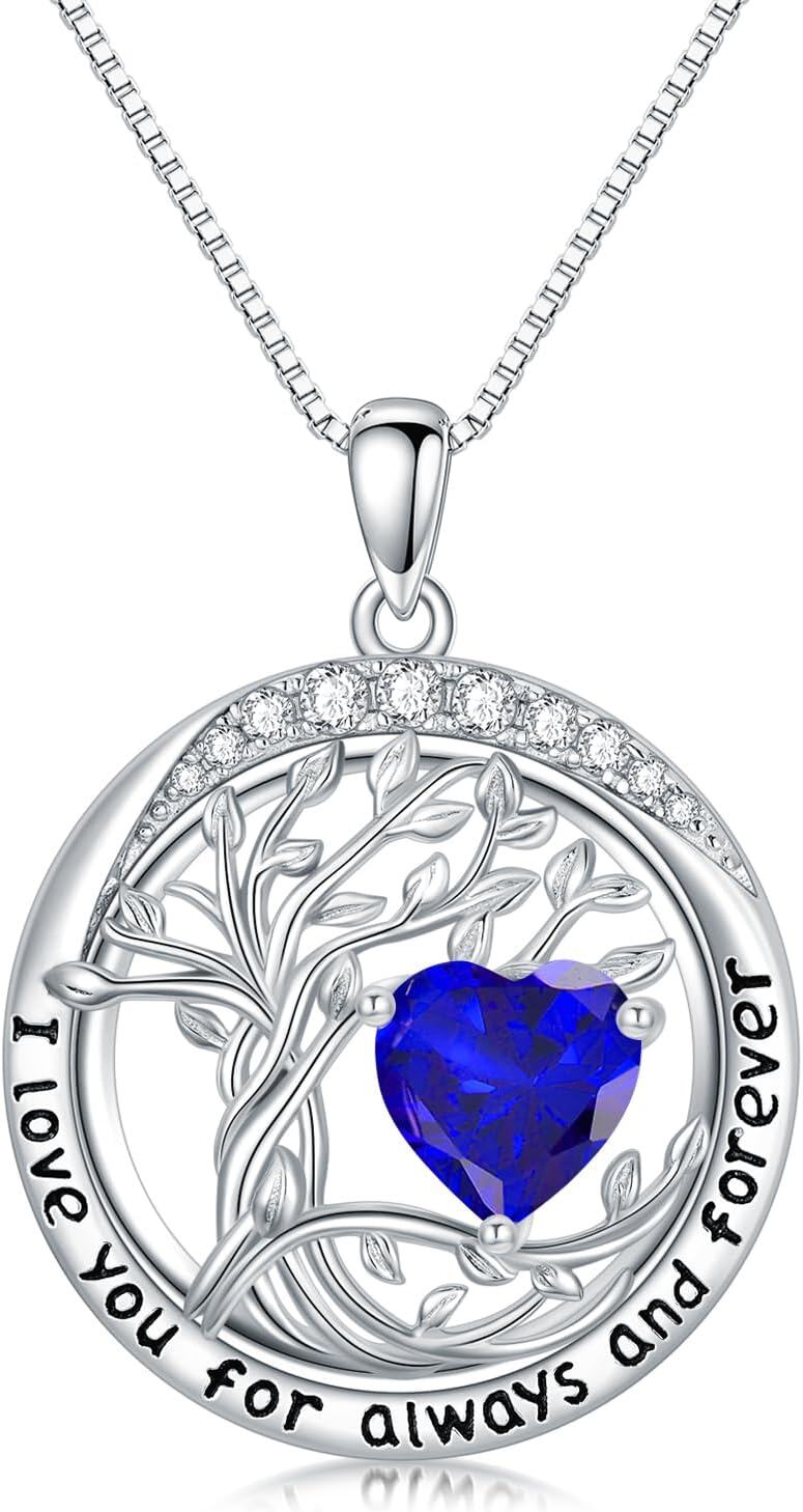 White Gold Sterling Silver Austrian Crystal Tree of Life Birthstone Necklace-09-Sep-Sapphire