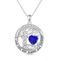 wholesale 925 Sterling Silver Austrian Crystal Tree of Life Pendant Necklaces with Birthstone for Women-09-Sep-Sapphire