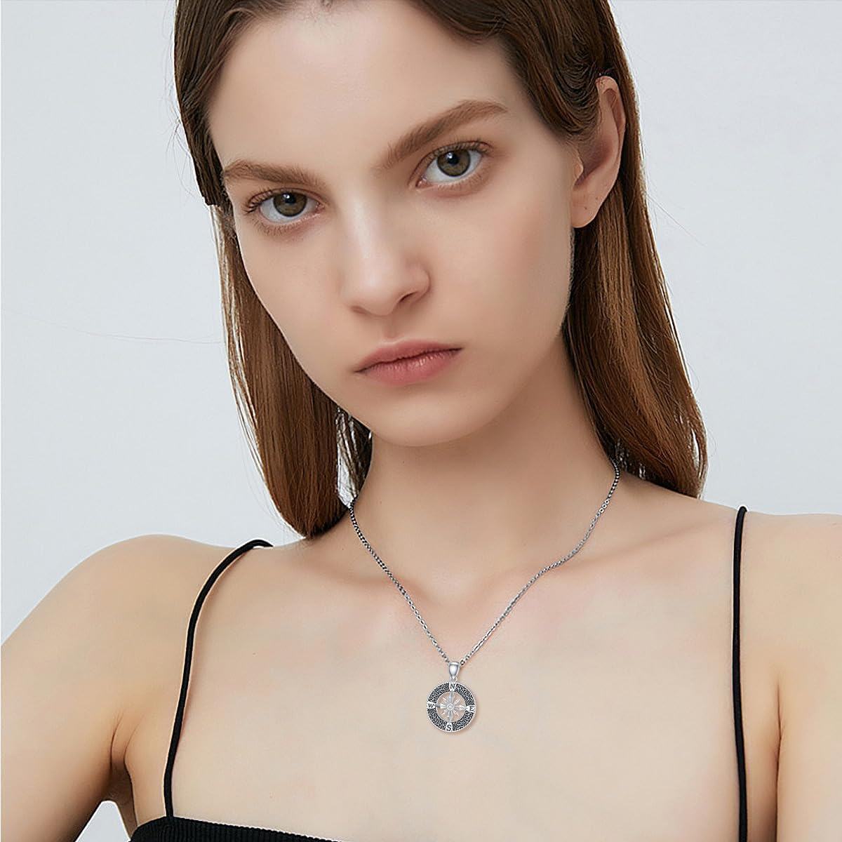 wholesale 925 Sterling Silver Round Compass Pendant with Cubic Zirconia and Moonstone - 925 Sterling Silver Jewelry for Women-0-3