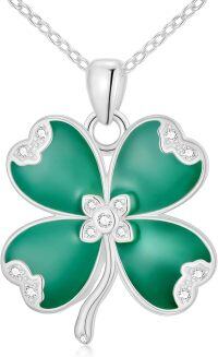 wholesale 925 Sterling Silver Green Enamel Cubic Zirconia Accent Shamrock Necklace for Women-Clover-Silver