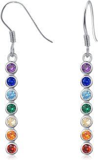 wholesale 925 Sterling Silver Rainbow Seven Chakra Healing Gemstone Dangle Earrings for Women Ladies Reiki Meditation Balancing Gifts-0.98 Inch
