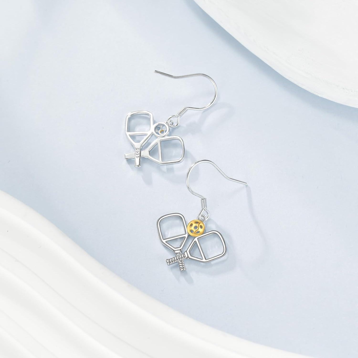 925 Sterling Silver Pickleball Dangle Earrings with Gold Ball Charm - Unique Sports Inspired s for Women-0-3