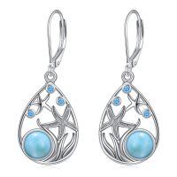 wholesale 925 Sterling Silver Earrings Wholesale Aquamarine Blue Sea Starfish Charm Dangle Earrings-larimar