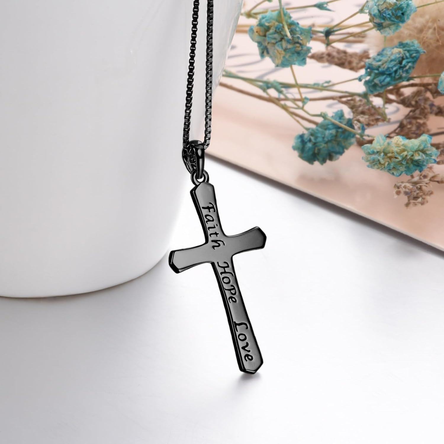 Black Stainless Steel Faith Hope Love Engraved Cross Pendant Necklace for Men/Women - Christmas Gift-0-2