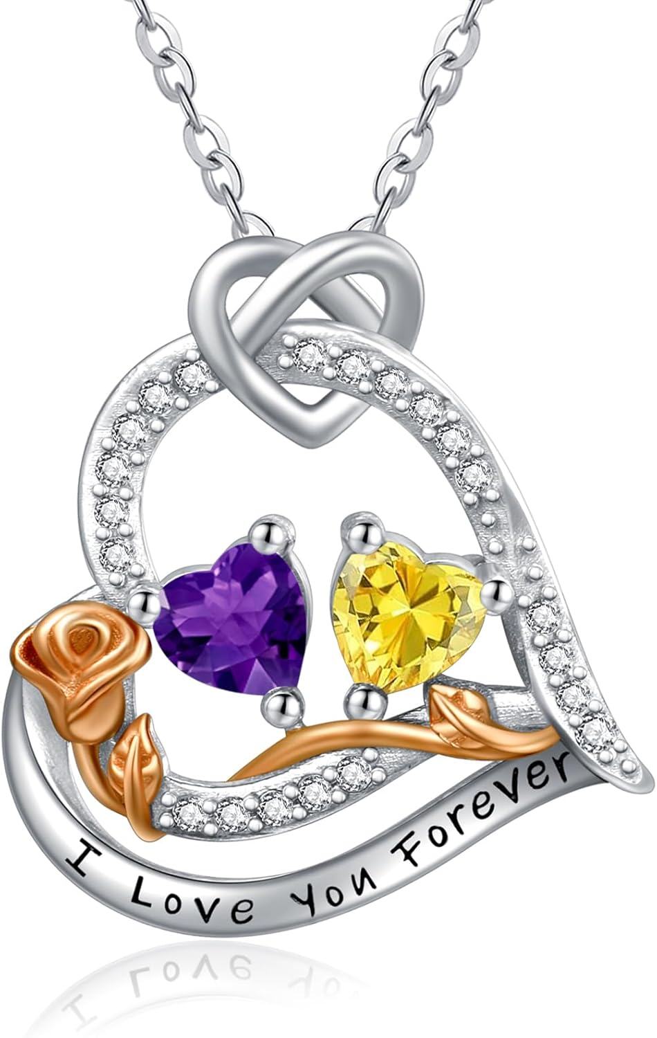  Sterling Silver 2 Birthstones Rose Heart Necklace for Women -02-11-Feb-Nov