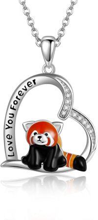 wholesale 925 Sterling Silver Red Panda Heart Pendant Necklace with Enamel and Cubic Zirconia Gift for Women-Red Panda