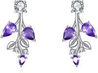 wholesale 925 Sterling Silver Purple CZ Leaf Design Dangle Earrings for Women-Purple Crystal