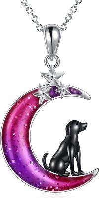 wholesale 925 Sterling Silver Purple Enamel Crescent Moon with Black Dog Pendant Necklace for Women's Gifts-Moon Dog Necklace