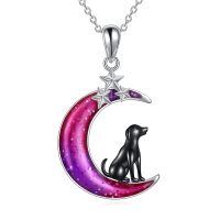 wholesale 925 Sterling Silver Purple Enamel Crescent Moon with Black Dog Pendant Necklace for Women's Gifts-Moon Dog Necklace