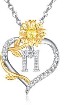 wholesale Gold Plated Sterling Silver Sunflower Letter Heart Pendant Necklace for Women-Letter M