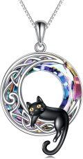 wholesale 925 Sterling Silver Black Cat with Rainbow Crystal Circle Pendant Necklace-0-0