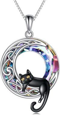 wholesale 925 Sterling Silver Black Cat with Rainbow Crystal Circle Pendant Necklace-Black Cat Crystal Necklace-B