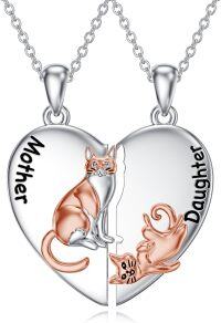 wholesale 925 Sterling Silver Cat Mother-Daughter Heart Pendant Necklaces Set-Matching necklace-Cat