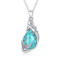 wholesale 925 Sterling Silver Mermaid Pendant Necklace With Teardrop Turquoise In Oxidized Finish-Mermaid