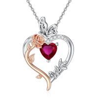 TOUPOP Sterling Silver Garnet Heart Butterfly Pendant Necklace-undefined