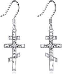wholesale 925 Sterling Silver Retro Eastern Orthodox Cross Dangle Drop Earrings Religious Christian Jewelry for Men & Women-CZ