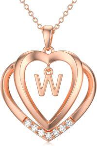 wholesale Sterling Silver Moissanite Heart Initial Pendant Necklace for Her-Rose Gold - W Initial