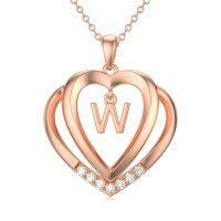 wholesale 925 Sterling Silver Moissanite Heart Initial Pendant Necklace for Her-Rose Gold - W Initial