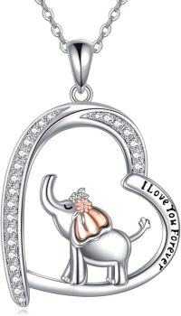 wholesale 925 Sterling Silver Elephant Heart Pendant Necklace with Cubic Zirconia and Engraved Message I Love You Forever for Women-Elephant