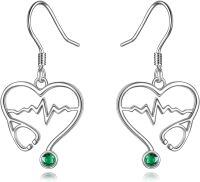wholesale 925 Sterling Silver Heartbeat Stethoscope Dangle Earring Set with Green Crystal Stone s for Nurses Doctors-1-Nurse Earrings