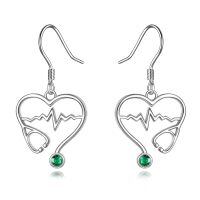 wholesale 925 Sterling Silver Heartbeat Stethoscope Dangle Earring Set with Green Crystal Stone s for Nurses Doctors-1-Nurse Earrings