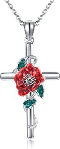 wholesale 925 Sterling Silver Red Carnation Floral Cross Pendant Necklaces for Women-Poppy